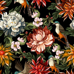 Ornate seamless pattern with vintage peonies, roses and birds. Vector.