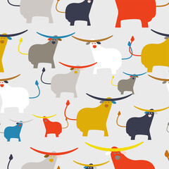 Colorful bulls in red, yellow , white, grey and blue, longhorns seamless pattern, vector