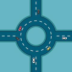 Top view road with different cars. Roundabout. Crossroads. Autobahn and highway junction. City infrastructure with transportation elements. Vector illustration in a flat modern style. - obrazy, fototapety, plakaty