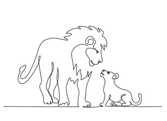 Lion standing with small lion cub. Continuous one line drawing. © Valenty