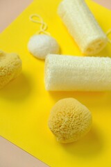  Zero waste concept. Natural organic hygiene products. loofah sponge and spongy konnyaku   on a bright yellow background.Reasonable consumption concept.Cleanliness and health