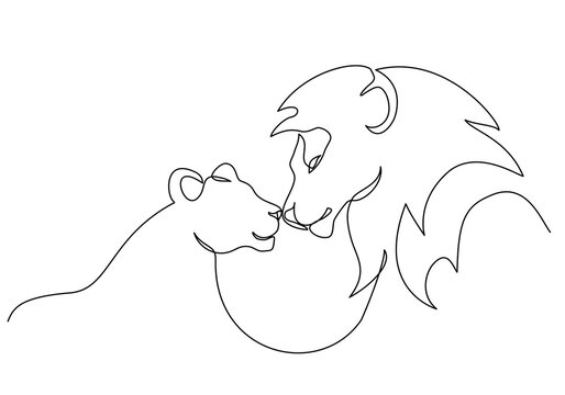 Lion with lioness in love. Lion family. One line drawing