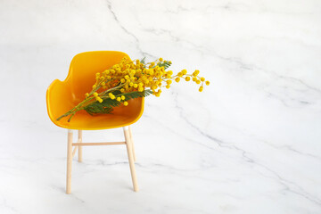 Mimosa bouquet on yellow chair on marble background.