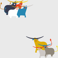 Card with a herd of funny colorful cows, longhorns for Texas symbol, card, poster, vector