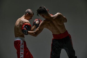 Workout of two fighting males in boxing gloves on gray studio background, martial arts, mixed fight...