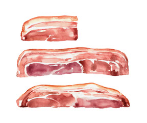 Obraz premium set of smoked bacon, ham, pork for breakfast, delicious food, menu design, color illustration, isolated on a white background in watercolor technique and hand drawn style