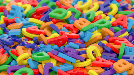 Fototapeta premium Alphabet letters on plain background. Plastic alphabet letters on white background. Rainbow colors. 3D illustration. 3D rendering