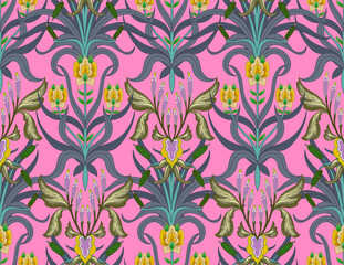 Modern seamless pattern with floral art deco elements. Vector.