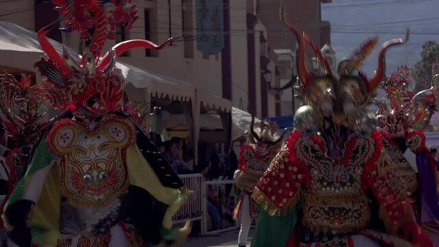 Oruro Carnival in Bolivia, Dancers in Traditional Costumes. UNESCO Cultural World Heritage. South America. 4K Resolution.