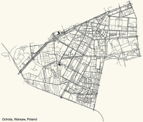 Black simple detailed street roads map on vintage beige background of the neighbourhood Ochota district of Warsaw, Poland