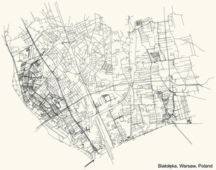 Fototapeta na wymiar Black simple detailed street roads map on vintage beige background of the neighbourhood Białołęka district of Warsaw, Poland