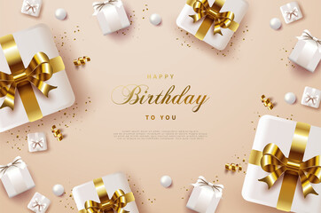 Fototapeta na wymiar happy birth day background with gold banded gift box