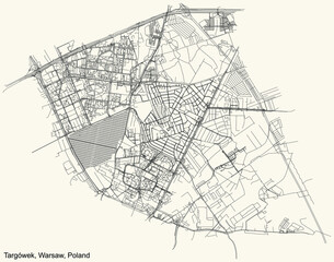 Fototapeta na wymiar Black simple detailed street roads map on vintage beige background of the neighbourhood Targówek district of Warsaw, Poland