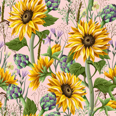 Fototapeta na wymiar Seamless pattern with sunflowers, artichokes and wild flowers . Vector illustration.