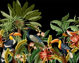  Grens met vogels en tropische bladeren en bloemen voor interieur. Vector. © Yumeee