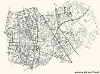 Black simple detailed street roads map on vintage beige background of the neighbourhood Mokotów district of Warsaw, Poland