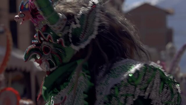 Oruro Carnival in Bolivia, Dancers in Traditional Costumes. UNESCO Cultural World Heritage. South America. 4K Resolution.