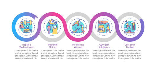 Home exercising tips vector infographic template. Gym clothes, gear substitutes presentation design elements. Data visualization with 5 steps. Process timeline chart. Workflow layout with linear icons