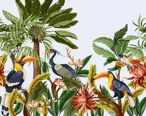 Selbstklebende Fototapete Vintage botanische Landschaft Grenze mit Vögeln und tropischen Blättern und Blumen für den Innenraum. Vektor.