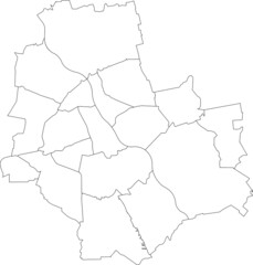 Simple white vector map with black borders of districts of Warsaw, Poland
