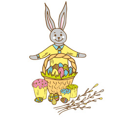 Easter bunny with basket of colored painted eggs,cupcake and sprig of willow . Colorful animal character and element isolated on white background. Celebration, festive design. Vector illustration.