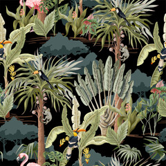 Naadloze patroon met jungle dieren, bloemen en bomen. Vector.