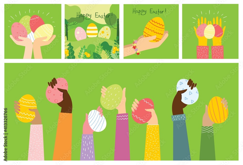 Wall mural Vector Easter cards with hands holding the eggs and hand drawn text - Happy Easter