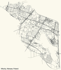 Black simple detailed street roads map on vintage beige background of the neighbourhood Włochy district of Warsaw, Poland