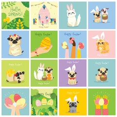 Vector Easter cards with animals holding the eggs and hand drawn text - Happy Easter