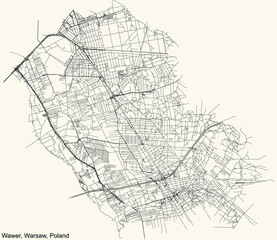 Black simple detailed street roads map on vintage beige background of the neighbourhood Wawer district of Warsaw, Poland - obrazy, fototapety, plakaty