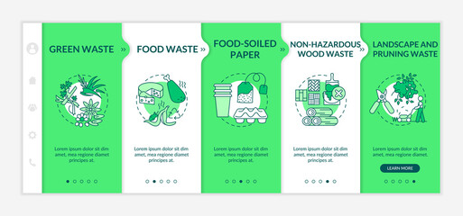 Biodegradable organic waste types onboarding vector template. Non-hazardous wood waste. Landscape and pruning. Responsive mobile website with icons. Webpage walkthrough step screens. RGB color concept