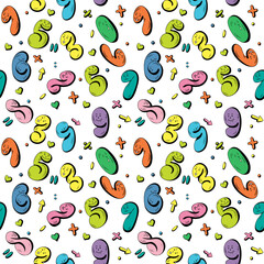Bright colored seamless pattern with fun cartoon numbers and signs. Endless texture with color number sign character on white background. Hand drawn vector illustration.