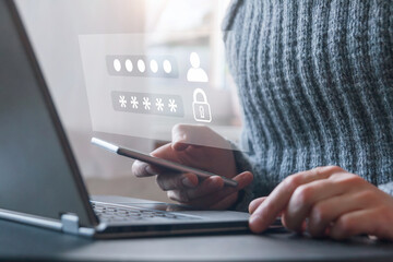 two steps authorization, sms code for verification, unrecognizable man using laptop checking smart phone