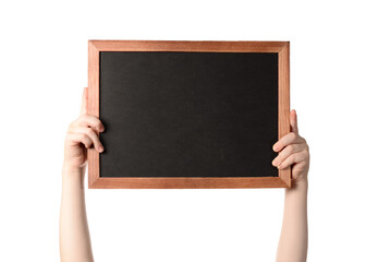 the hands of a little boy holding a frame with a blank dark background for text. isolated on white background.