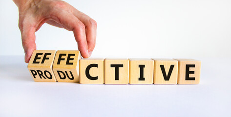 Effective and productive symbol. Businessman turns wooden cubes and changes the word 'productive'...