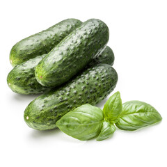 Cucumber vegetable and basil leaves isolated on white background cutout
