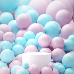 Minimal stage mock up. White cylinder base. Pedestal for display. Empty product stand. Blank pink and blue background stand full of balls. 3d render illustration