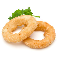 Crispy deep fried onion or Calamari ring isolated on white background