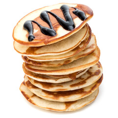 Pancakes  stack with chocolate syrup on white background