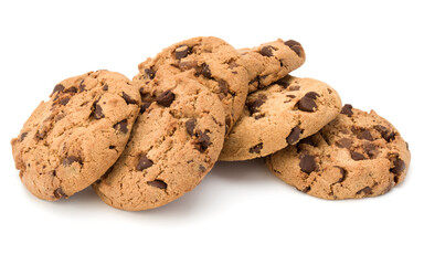 Chocolate chip cookies isolated on white background. Sweet biscuits. Homemade pastry.