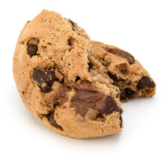 One broken Chocolate chip cookie isolated on white background. Sweet biscuit crumbs. Homemade pastry.