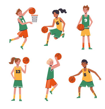 Children's sports basketball. Flat design concept with funny kids playing ball. Vector illustration of boys and girls, set isolated on white background.