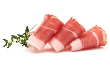 Italian prosciutto crudo or jamon. Raw ham. Isolated on white background