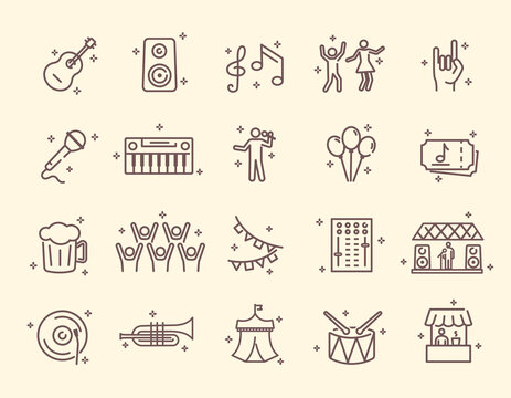 Collection of outline music festival icons. Contains such Icons as guitar, singer, concert, stage, happy dancing people, violin player and more. Editable Stroke. Set of isolated vector illustrations