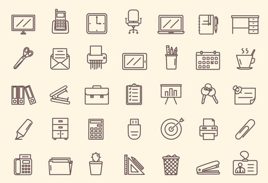 Collection of office outline icons, thin line web icon set. Workplace icons collection. Set of minimal style isolated vector illustrations.