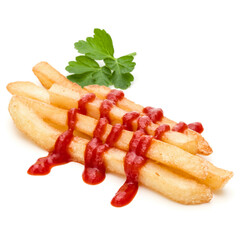 French Fried Potatoes with ketchup isolated on white background