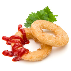 Crispy deep fried onion or Calamari ring with ketchup isolated on white background