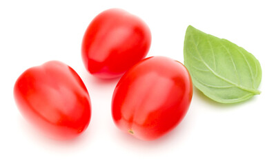 fresh plum tomato with basil leaf isolated on white background