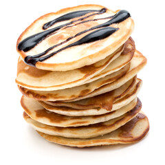 Pancakes  stack with chocolate syrup on white background