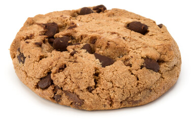 One Chocolate chip cookie isolated on white background. Sweet biscuit. Homemade pastry.